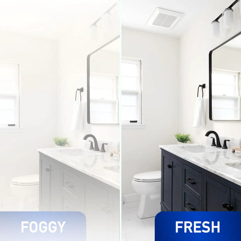Bathroom with Whisper Quiet Dual Speed Ceiling And Wall Mount Bathroom Exhaust Fan With DC ECM Motor, showing foggy vs fresh air effect