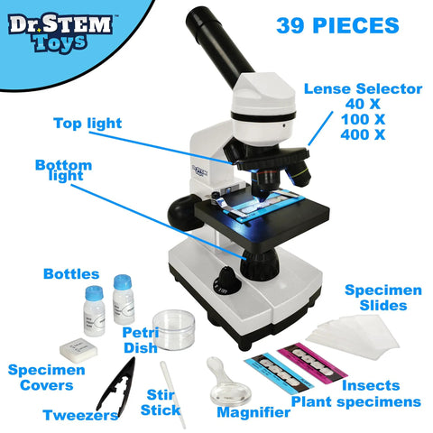 Kid Friendly Microscope Kit With Dual Top And Bottom Lights 40X 100X 400X Magnification Glass Lenses Slides Easy Setup labeled parts