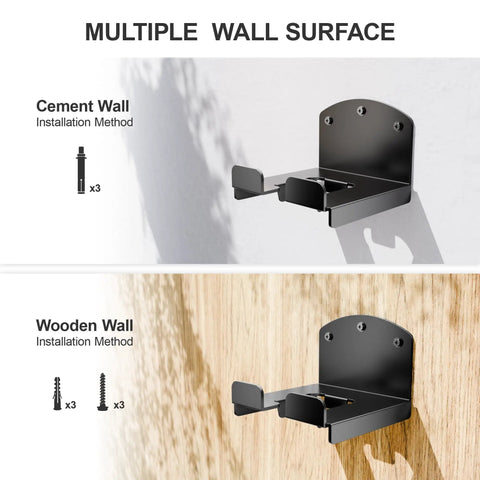 Heavy Duty Weed Wacker Wall Rack for Garage Storage with hooks on wood and concrete wall installation options.