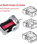 ANNIMOS 60KG robot servo motor with aluminum mounting bracket; red/black body and 3 housing diagrams.