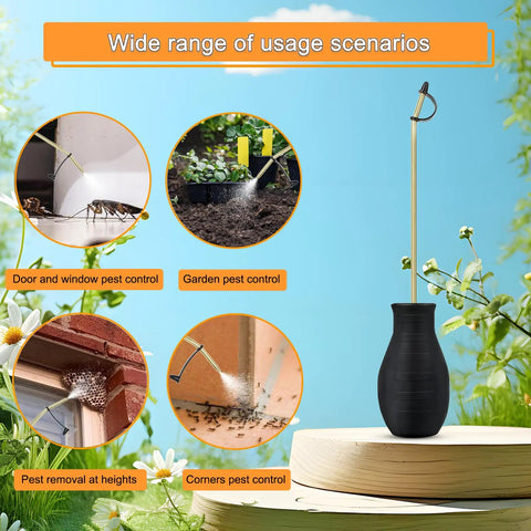 Handheld Diatomaceous Earth Duster And Powder Sprayer With Long Copper Tube For Organic Gardening And Home Powder Applications Easy To Use Garden Dispenser For Diatomaceous Earth And Fine Powders For Quick Pest Control, shown with application examples.