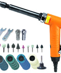 Badass Compact Quarter Inch Air Angle Die Grinder Boasting 18000 Rpm Pneumatic Torque With Rear Exhaust Fan And Low Vibration Build, tool with various grinding bits.