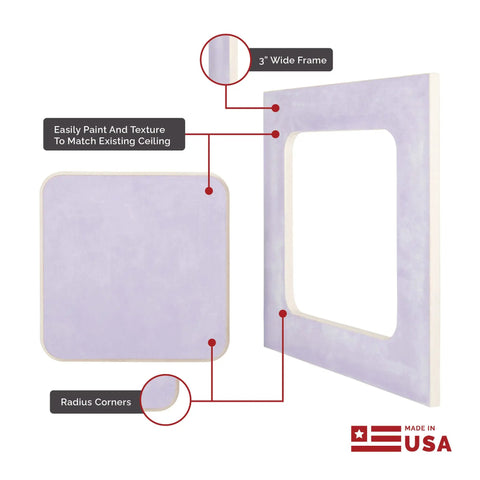 Super Tight Flush Mount Ceiling Access Panel For Drywall With A Rock Solid Forty Five Minute Fire Rating And Tough GFRG Alternative Frame Featuring Zero Hassle Gravity Closure Made In Usa For A Perfect Eighteen By Eighteen Inch Ceiling Opening, showing 3 inch wide frame and radius corners.