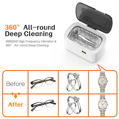 Ultrasonic Jewelry Cleaner 600ml Sonic Cleaner With Digital Timer for eyeglasses, rings, showing before and after results