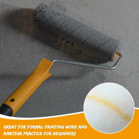 Paint roller from 24 Pack Bulk Paint Roller Covers In Microfiber For Walls And Ceilings Nine By One Half Inch Polyester Naps Durable Home Improvement DIY Roller Covers Yellow And White on gray surface