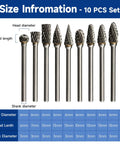 Carbide burr bits set, 10 pcs, with 1/8 in shanks in clear storage case; double-cut bits for metal, wood, stone
