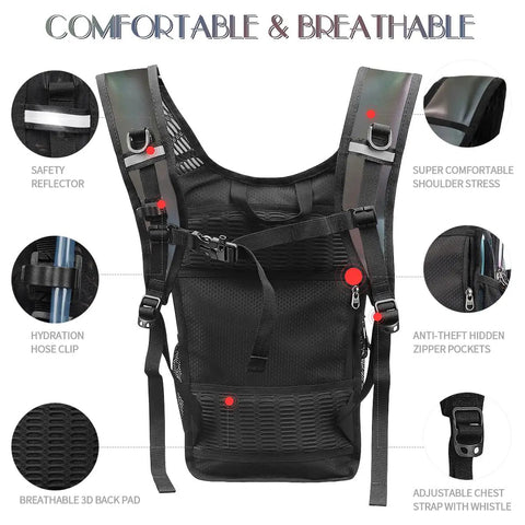 Back view of Glow In The Dark Hydration Pack With 3L Water Bladder featuring reflective straps and anti-theft zipper pockets.