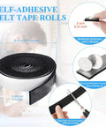 Self Stick Felt Strips With Adhesive Backing Four Rolls For Furniture Protection And DIY Projects Durable 1 Inch Wide By 120 Inch Long Each Black Heavy Duty Polyester, with detail on size and thickness shown in use.