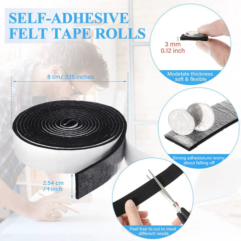 Self Stick Felt Strips With Adhesive Backing Four Rolls For Furniture Protection And DIY Projects Durable 1 Inch Wide By 120 Inch Long Each Black Heavy Duty Polyester, with detail on size and thickness shown in use.