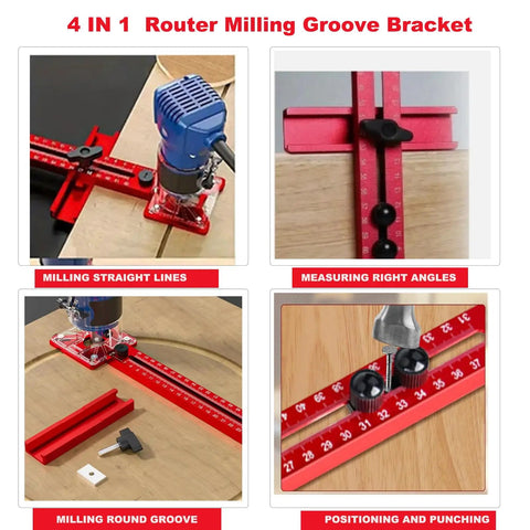 Pro Grade Router Milling Groove Bracket For Precision Woodworking Circle Cutting And Fast Engraving Quick Setup Jig in use with measurements.