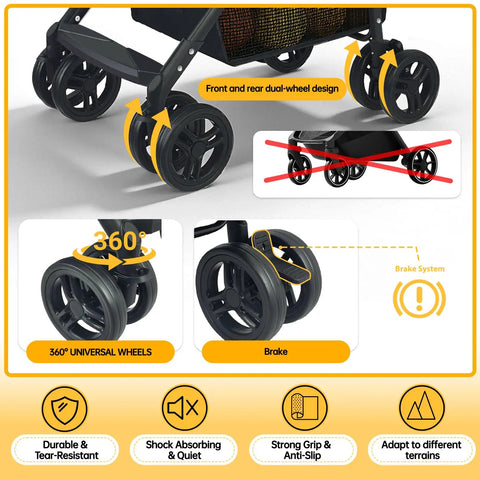 Close-up of dual-wheel design and brake system on Folding Shopping Cart And Heavy Duty Pet Carrier 110 Lbs 2 In 1 Personal Cart