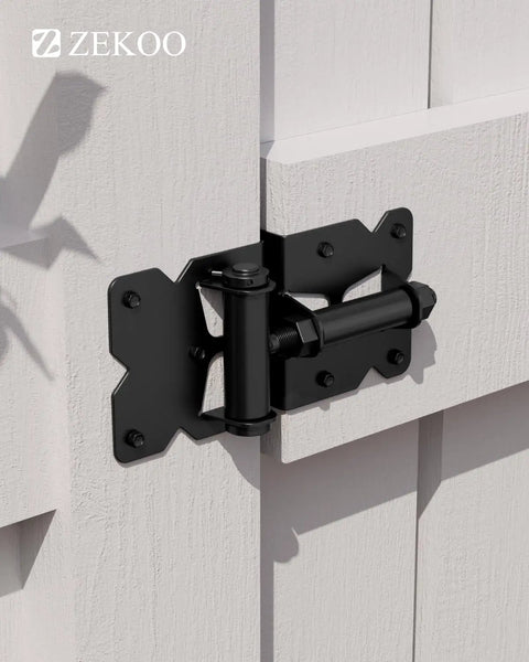 Self Closing Gate Hinges For Stainless Steel 304 Rust Proof Construction on white vinyl gate, heavy duty black hinge, side view