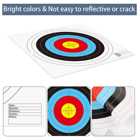 Bullseye Paper Targets Set 50 Sheets 16x16 Inch 10 Ring Archery Targets For Range And Backyard Practice Pro Grade Durable Wood Free Paper Bright Color For Bow And Arrow Training, showing bright multicolor target rings.