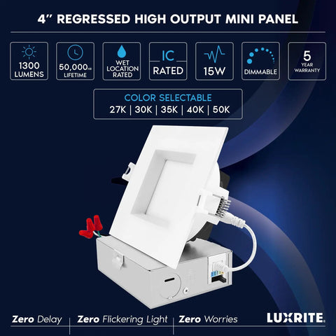 4 Inch Square LED Recessed Ceiling Light With Junction Box Included, 15W Killer Brightness 1300 Lumens, 5 CCT Adjustable