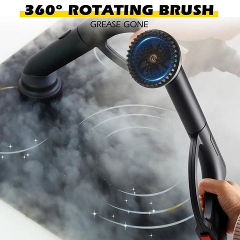 Hella Powerful 1500W Steam Cleaner With 36 Piece Attachment Kit And 1.5L Tank using a rotating brush for deep cleaning.