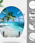 Durable Resin Round Toilet Seat Cover Adorned With Tropical Beach Thatched Roof Umbrella Graphics, 14.5 x 18.5 inch with quick release.