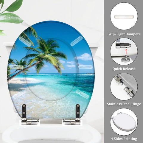 Durable Resin Round Toilet Seat Cover Adorned With Tropical Beach Thatched Roof Umbrella Graphics, 14.5 x 18.5 inch with quick release.