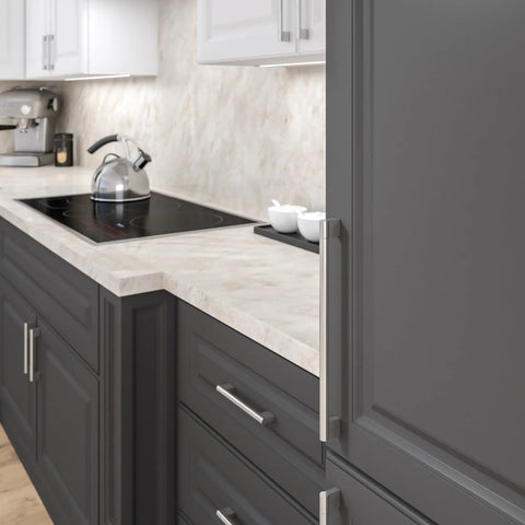 Avellino Collection Slick Brushed Nickel Cabinet Handle 11 3 8 Inch Center To Center Bar Pull installed on dark kitchen cabinets