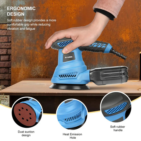 Beefy 4.9 Inch Random Orbital Sander Corded Power Tool With Full 20 Piece Sandpaper Roll Kit ergonomic design and soft rubber handle