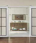 Heavy Duty Double Barn Door With Clear Glass And Stainless Steel Rail Set, 84 By 96 Inch Interior Doors installed in modern living room