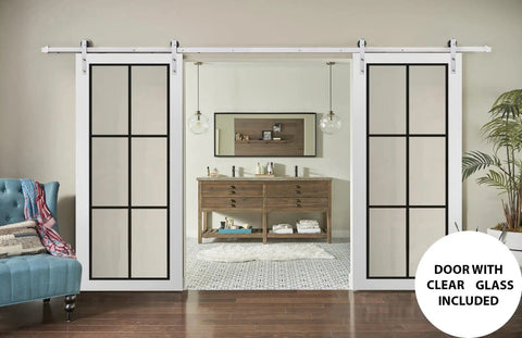 Heavy Duty Double Barn Door With Clear Glass And Stainless Steel Rail Set, 84 By 96 Inch Interior Doors installed in modern living room