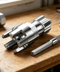 Pro Grade Alloy Pipe Threader And Trimmer, Internal External Wall Cutter With Smooth Deburring Edge, close-up view of tool on wooden surface.