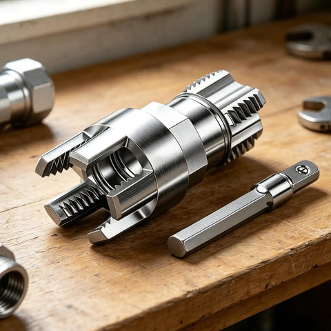 Pro Grade Alloy Pipe Threader And Trimmer, Internal External Wall Cutter With Smooth Deburring Edge, close-up view of tool on wooden surface.