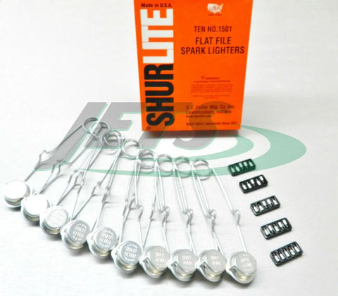 Shurlite 10 Spark Lighters With 25 Replacement Flints For Welding Torches Refill Kit displayed with lighters and flints