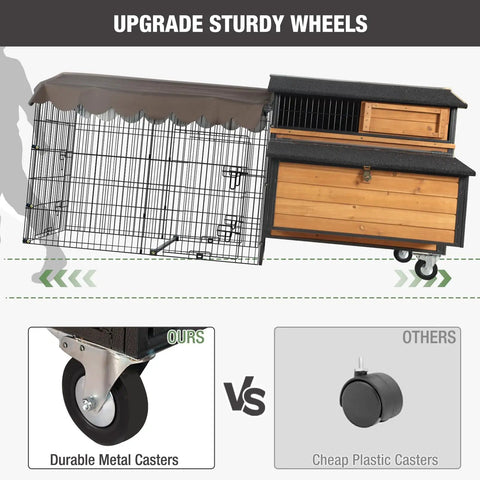 Spacious 6-8 Chickens All In One Wooden Poultry Cage With Metal Frame Removable Dividers In Nesting Box Waterproof Roof Mobile Chicken House With Wheels And Ramp Weatherproof Hen Hutch For Outdoor Backyard showing upgraded sturdy wheels.