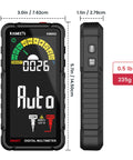 Front and side view of Rechargeable Digital Multimeter With Auto And Manual Range In Smart Auto Mode, size dimensions shown.