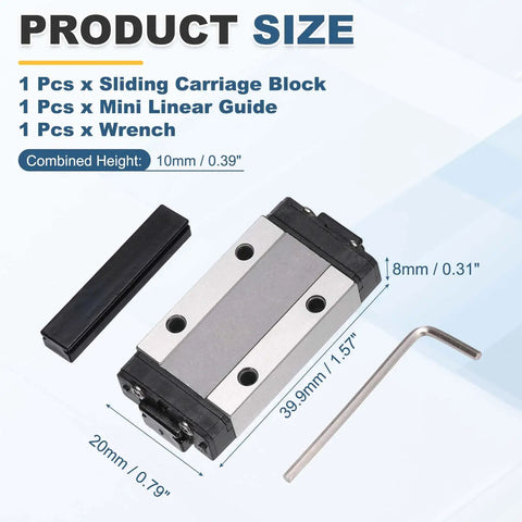 MGN9H Linear Bearing Carriage Block with Mini Guide and Wrench for 9mm Linear Motion Rails, dimensions labeled