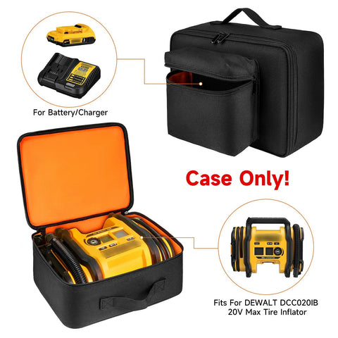 Rugged Air Compressor Storage Case For Dewalt 20V Max Tire Inflator DCC020IB And DCC18N Cordless Tools, open with inflator in view, black with orange lining