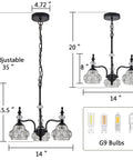 Modern Black Three Light Pendant Chandelier For Kitchen Island Farmhouse Living Room Bedroom And Hotel Decor Sleek Industrial Iron And Glass Design With Easy Install, showing dimensions and G9 bulbs