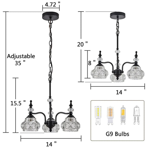 Modern Black Three Light Pendant Chandelier For Kitchen Island Farmhouse Living Room Bedroom And Hotel Decor Sleek Industrial Iron And Glass Design With Easy Install, showing dimensions and G9 bulbs