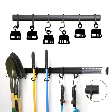 Heavy Duty Wall Mounted Tool Rack With Six Aluminum Hooks For Garage, Shed Or Workshop, Customizable, Space Saving Storage For Rakes Shovels Tools And Garden Gear