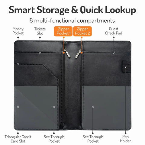 Premium Leather Server Book With Dual Zipper Pockets For Waitress And Bartender showing internal compartments for money, tickets, and a pen holder.