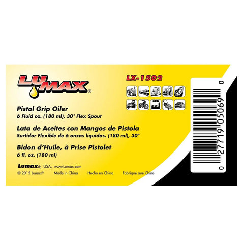 Product packaging of Heavy Duty Pistol Grip Oiler Built Tough, 6 Fluid Ounce Capacity, 30 Degree Flex Spout, multilingual labels