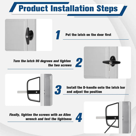 Installation steps of 4 And A Half Inch Shed Door Latch Kit With T Handle Lock Built For Locking Up Tight, Carbon Steel Barn Door Hardware With 2 Keys