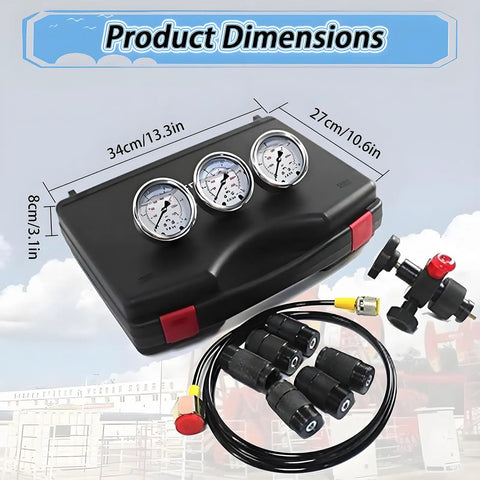 7 In 1 Hydraulic Nitrogen Pressure Test Kit With Accumulator Charging System, black case with 3 gauges and accessories displayed