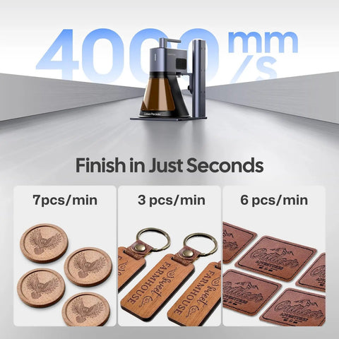 LP2 Plus 10W Diode Laser Engraver with ultra fast 4000mm/s performance shown engraving wood and leather items quickly.