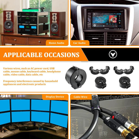 Home and car audio systems using 15mm Black Clip On Ferrite Ring Core EMI RFI Noise Suppressor for cables pack of 5 installation overview.