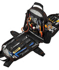 Arsenal 5843 Tool Backpack With Dual Compartments For Pros, Heavy Duty 1200D Ballistic Polyester, 26 Interior Pockets, open view with tools.
