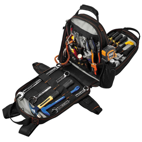 Arsenal 5843 Tool Backpack With Dual Compartments For Pros, Heavy Duty 1200D Ballistic Polyester, 26 Interior Pockets, open view with tools.
