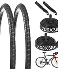 All In One Bike Tire And Inner Tube Kit Includes 2 Tires 700x38c And 2 Tubes 700x35/43c With 48mm Schrader Valves Plus 2 Tire Levers For Quick Replacement On Gravel And Road Bikes, showing tires, tubes, levers, and road bike graphic.