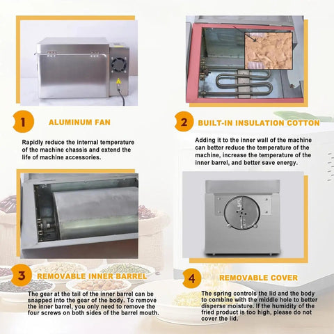 Heavy Duty Electric Nut And Coffee Bean Roaster With Thumb Turn Temp Dials Auto Shutoff Nonstick Drum Pan showing aluminum fan and insulation features.
