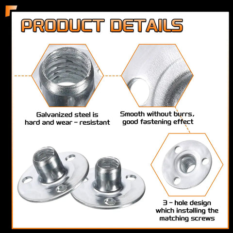 Industrial Strength M8 Tee Nuts 4 Pack With Zinc Plated Steel Three Hole Round Base Flange Inserts showing detailed design and screws.
