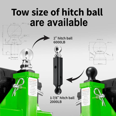 Tow sizes of hitch balls for Heavy-Duty Electric Trailer Dolly With Powerful 850W Motor Moves Up To 3600 Lbs displayed.