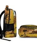 Side view of Summer Working Farm Landscape Printed Unisex Backpack with large capacity and sturdy zipper, perfect for travel and school.