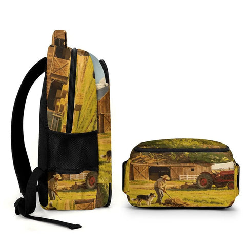 Side view of Summer Working Farm Landscape Printed Unisex Backpack with large capacity and sturdy zipper, perfect for travel and school.