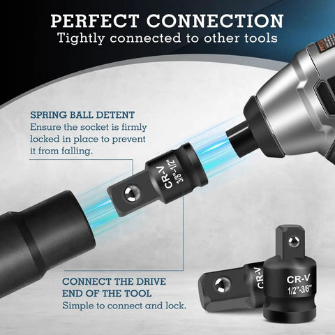 Eight Piece Impact Socket Adapter And Reducer Set For Quarter Through One Inch Drives featuring spring ball detent connection.